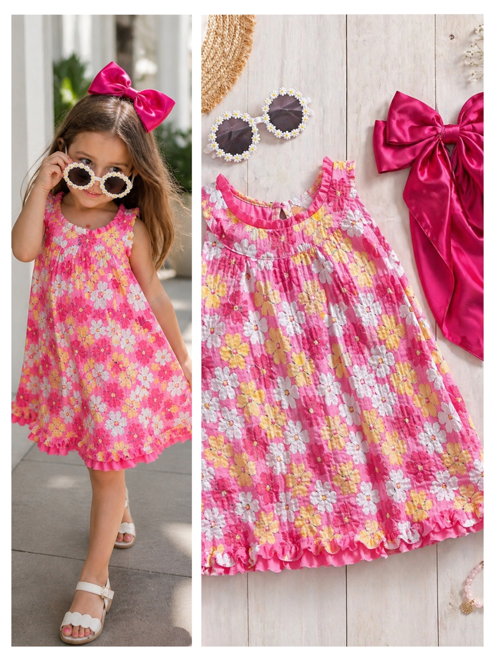 Floral Summer Dress w/ Bow & Daisy Sunnies
